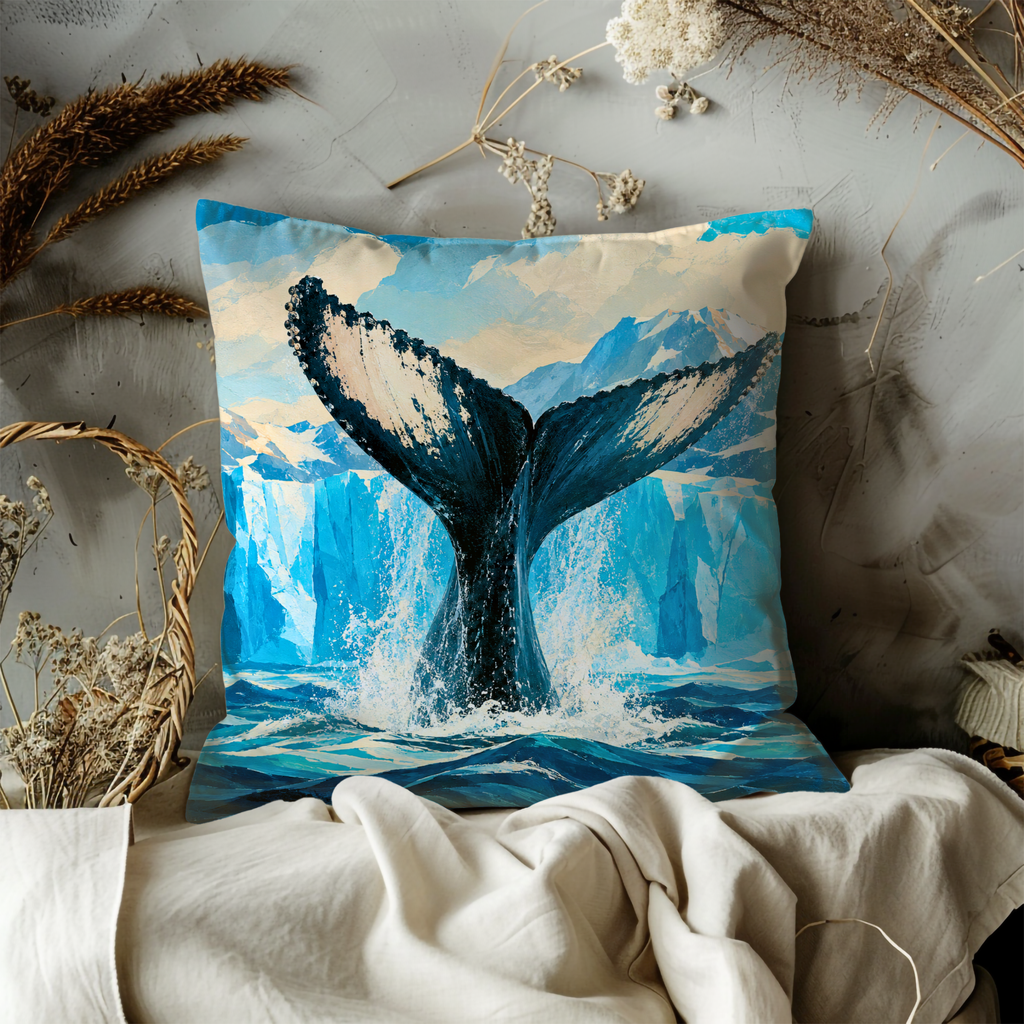 Whale Tail Glacier Ocean Pillow Cover | Classic Wildlife Art | Arctic Marine Decor