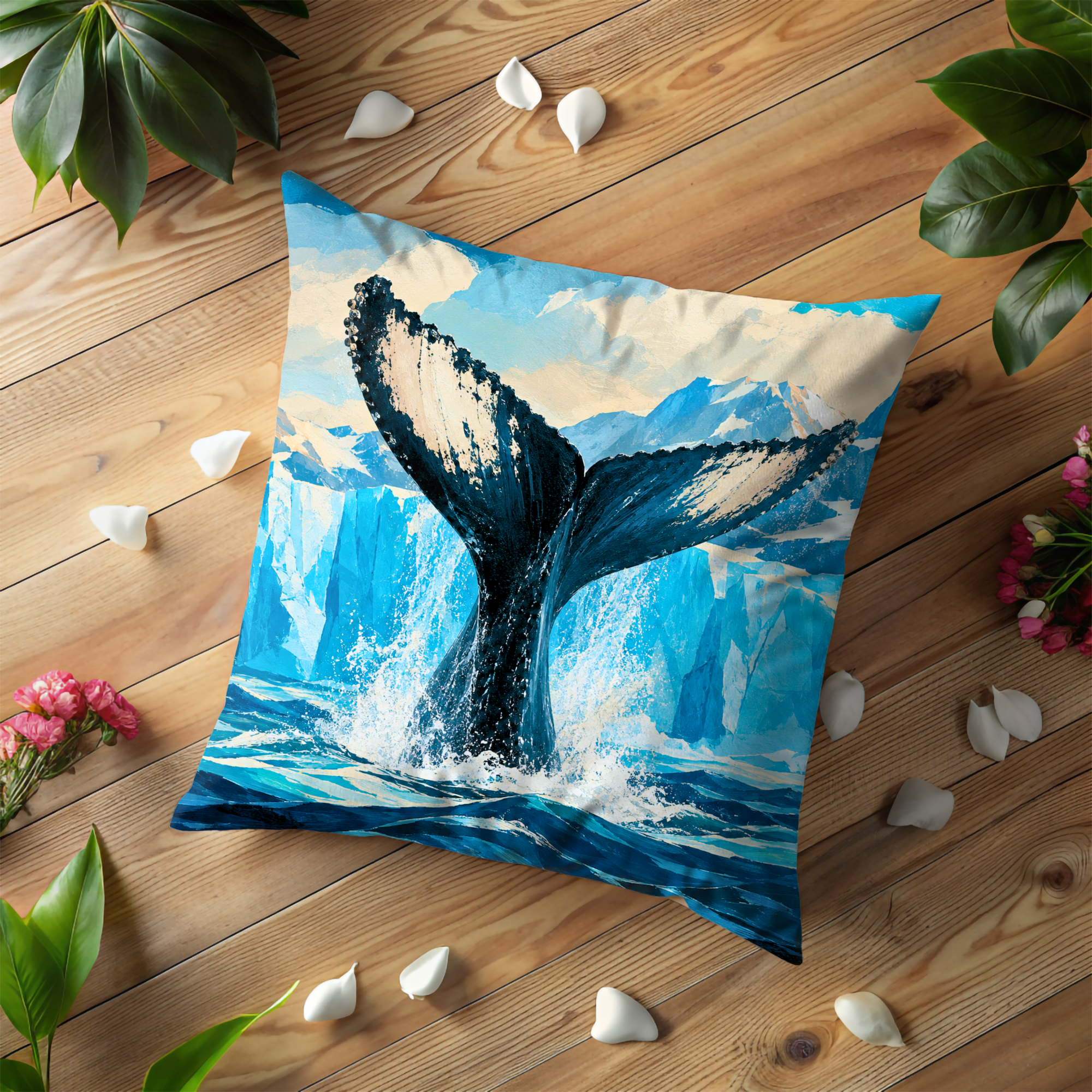 Whale Tail Glacier Ocean Pillow Cover | Classic Wildlife Art | Arctic Marine Decor