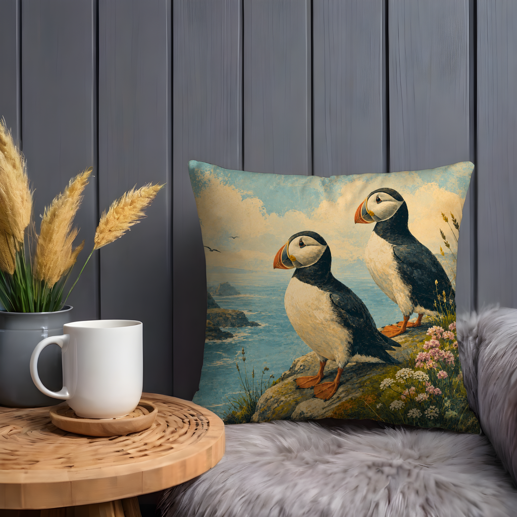 Puffins Coastal Cliff Pillow Cover | Classic Wildlife Art | Ocean Bird Decor