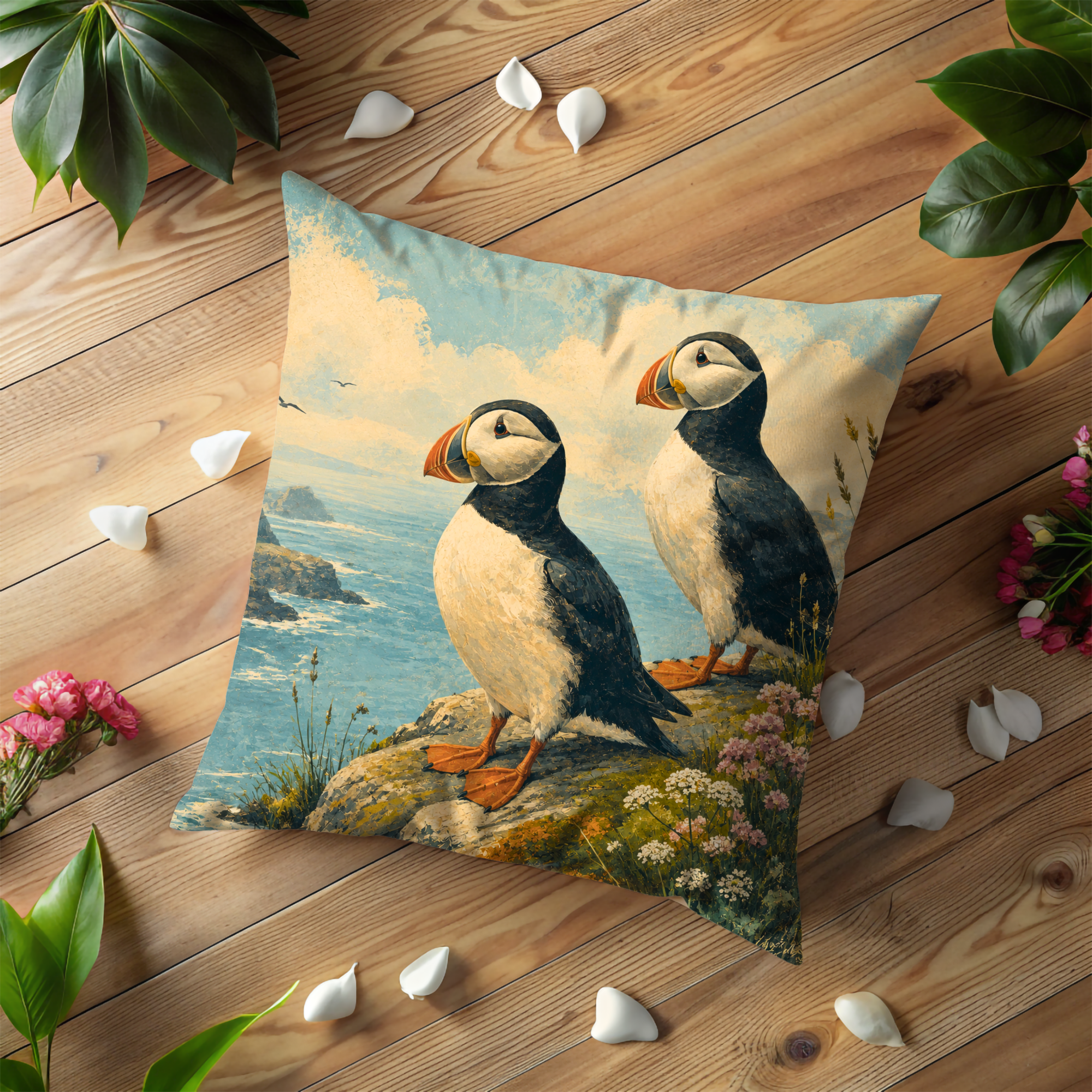 Puffins Coastal Cliff Pillow Cover | Classic Wildlife Art | Ocean Bird Decor