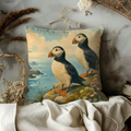 Puffins Coastal Cliff Pillow Cover | Classic Wildlife Art | Ocean Bird Decor