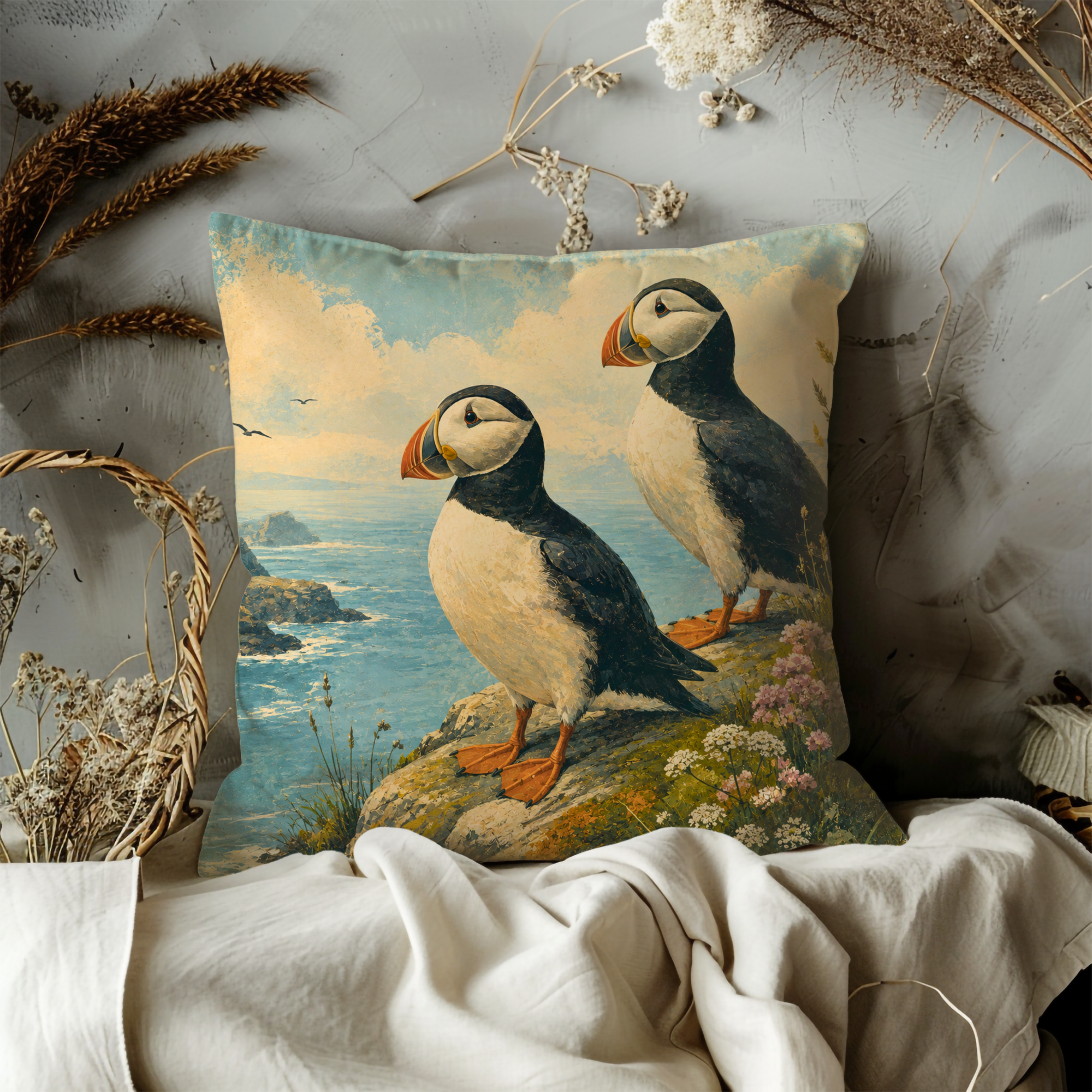 Puffins Coastal Cliff Pillow Cover | Classic Wildlife Art | Ocean Bird Decor