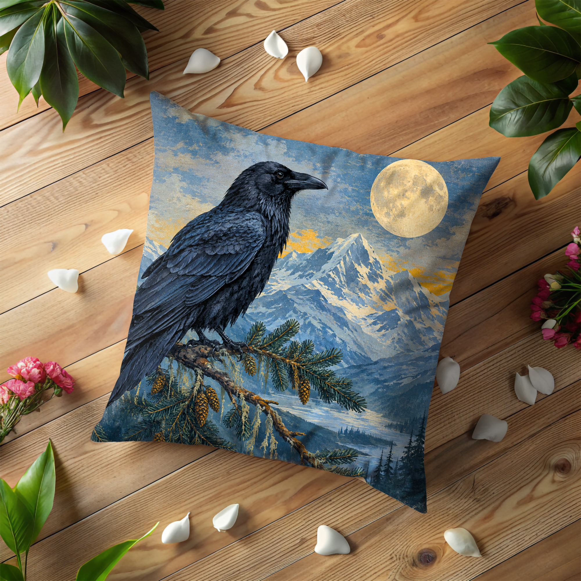 Raven Full Moon Mountain Pillow Cover | Classic Wildlife Art | Mystical Nature Decor