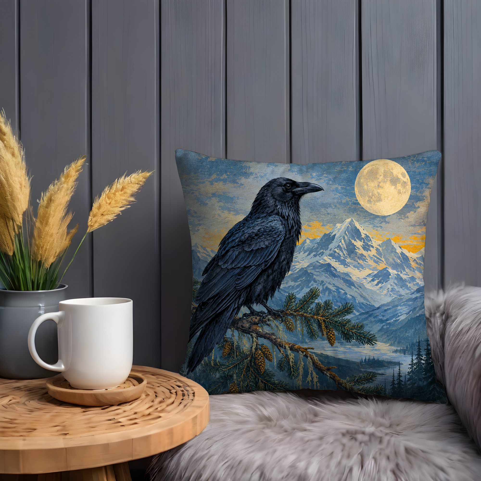 Raven Full Moon Mountain Pillow Cover | Classic Wildlife Art | Mystical Nature Decor