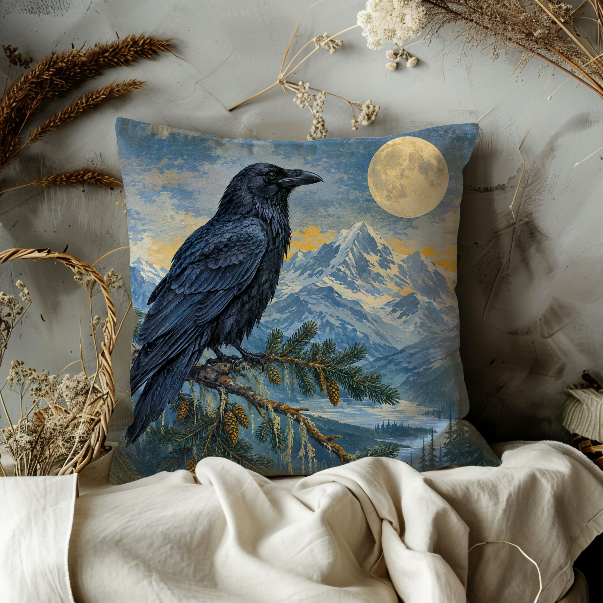 Raven Full Moon Mountain Pillow Cover | Classic Wildlife Art | Mystical Nature Decor