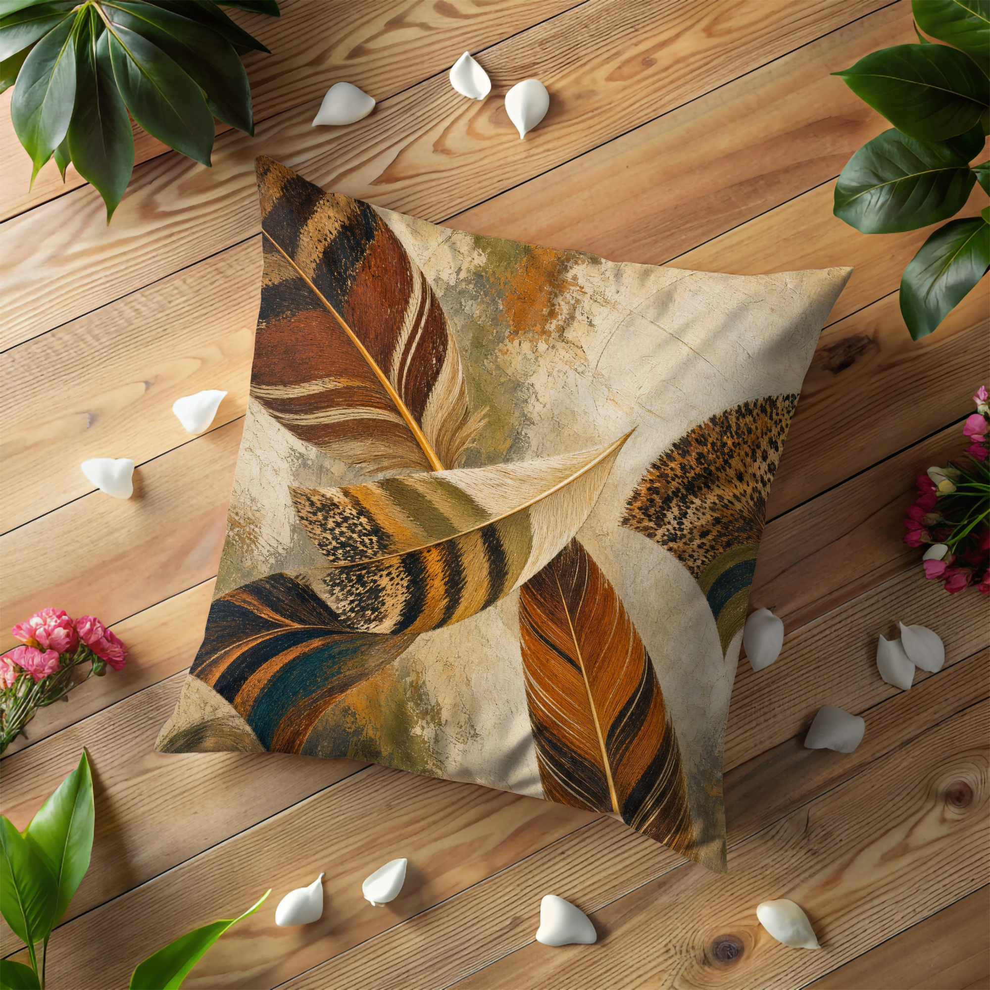 Abstract Feathers Earth Tones Pillow Cover | Modern Organic Art | Bohemian Decor