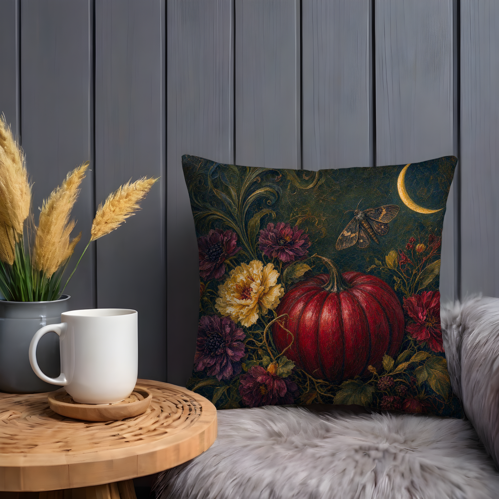 Red Pumpkin Purple Dahlias Moon Pillow Cover | Gothic Autumn Art | Dark Floral Decor