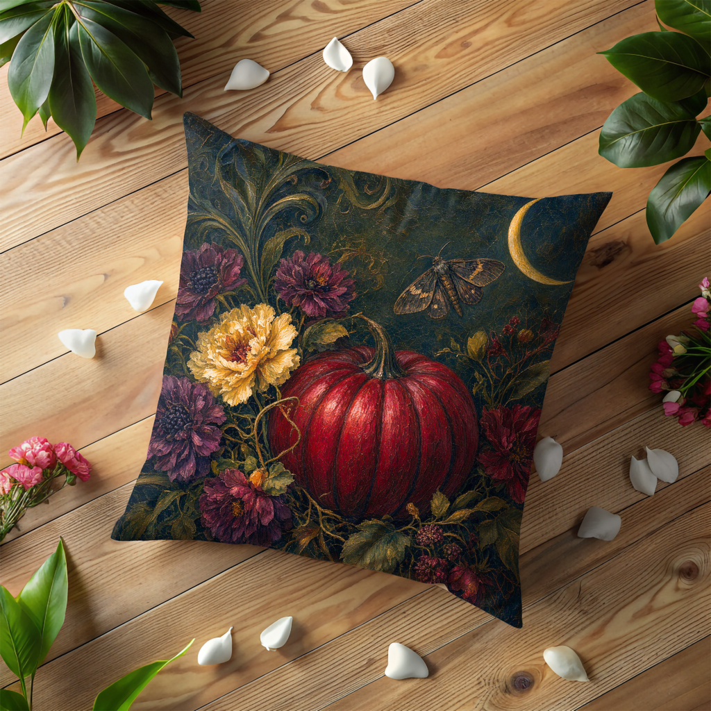 Red Pumpkin Purple Dahlias Moon Pillow Cover | Gothic Autumn Art | Dark Floral Decor