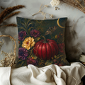 Red Pumpkin Purple Dahlias Moon Pillow Cover | Gothic Autumn Art | Dark Floral Decor