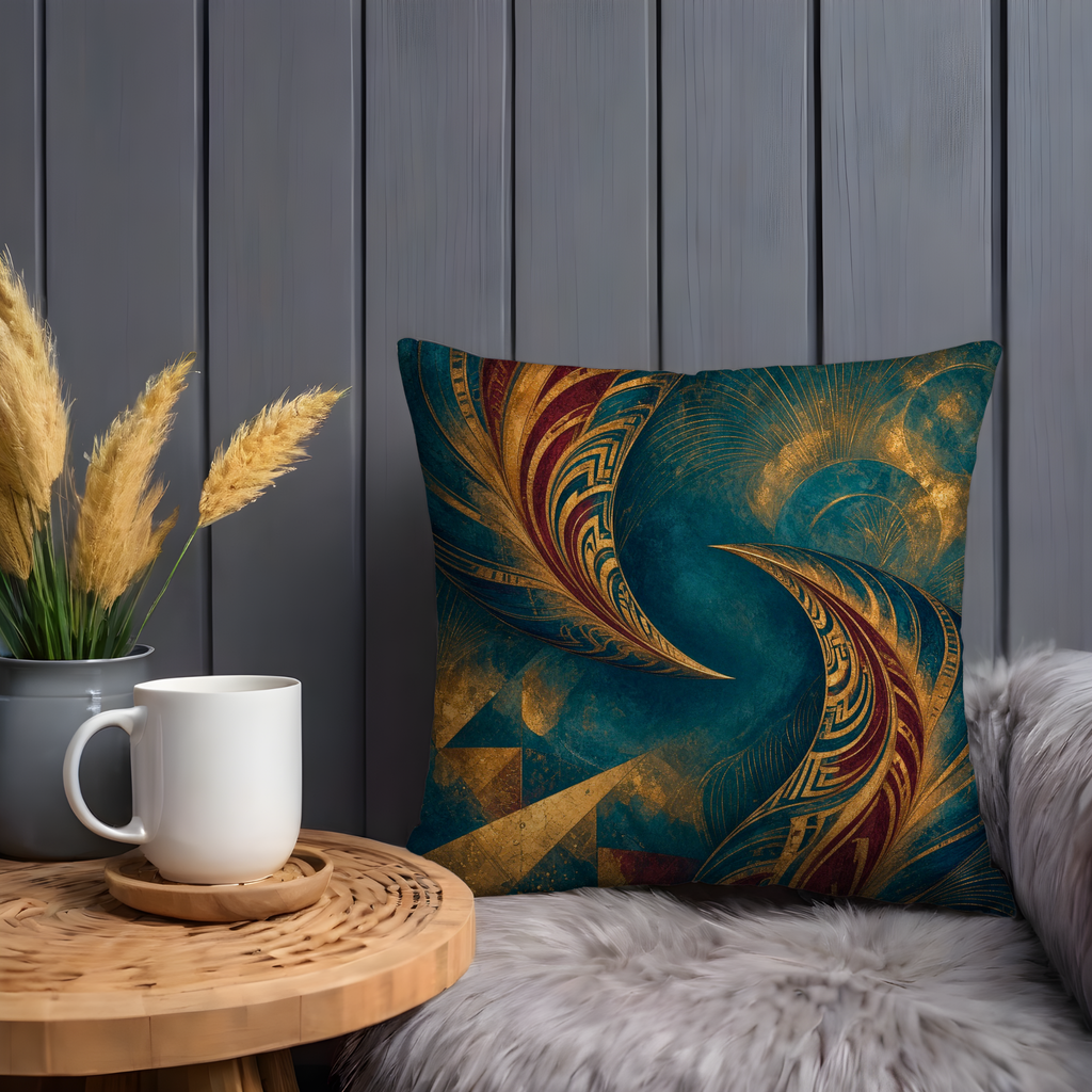 Abstract Art Deco Feathers Gold Pillow Cover | Geometric Modern Art | Luxe Teal Decor