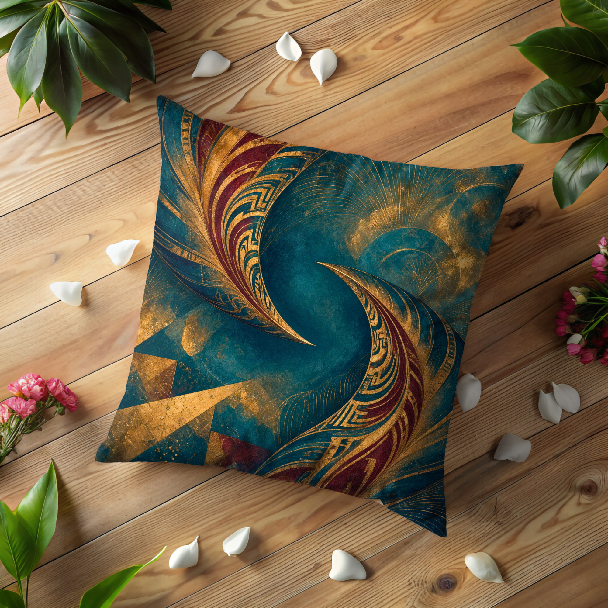 Abstract Art Deco Feathers Gold Pillow Cover | Geometric Modern Art | Luxe Teal Decor