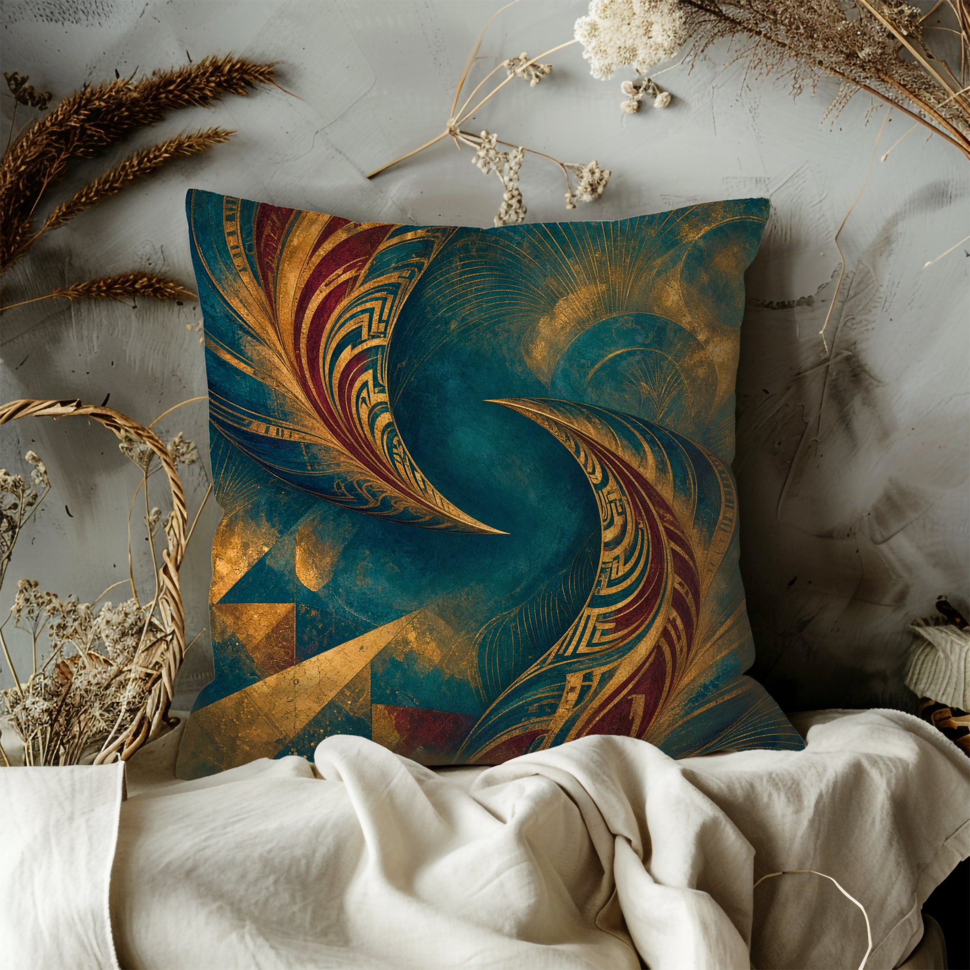 Abstract Art Deco Feathers Gold Pillow Cover | Geometric Modern Art | Luxe Teal Decor