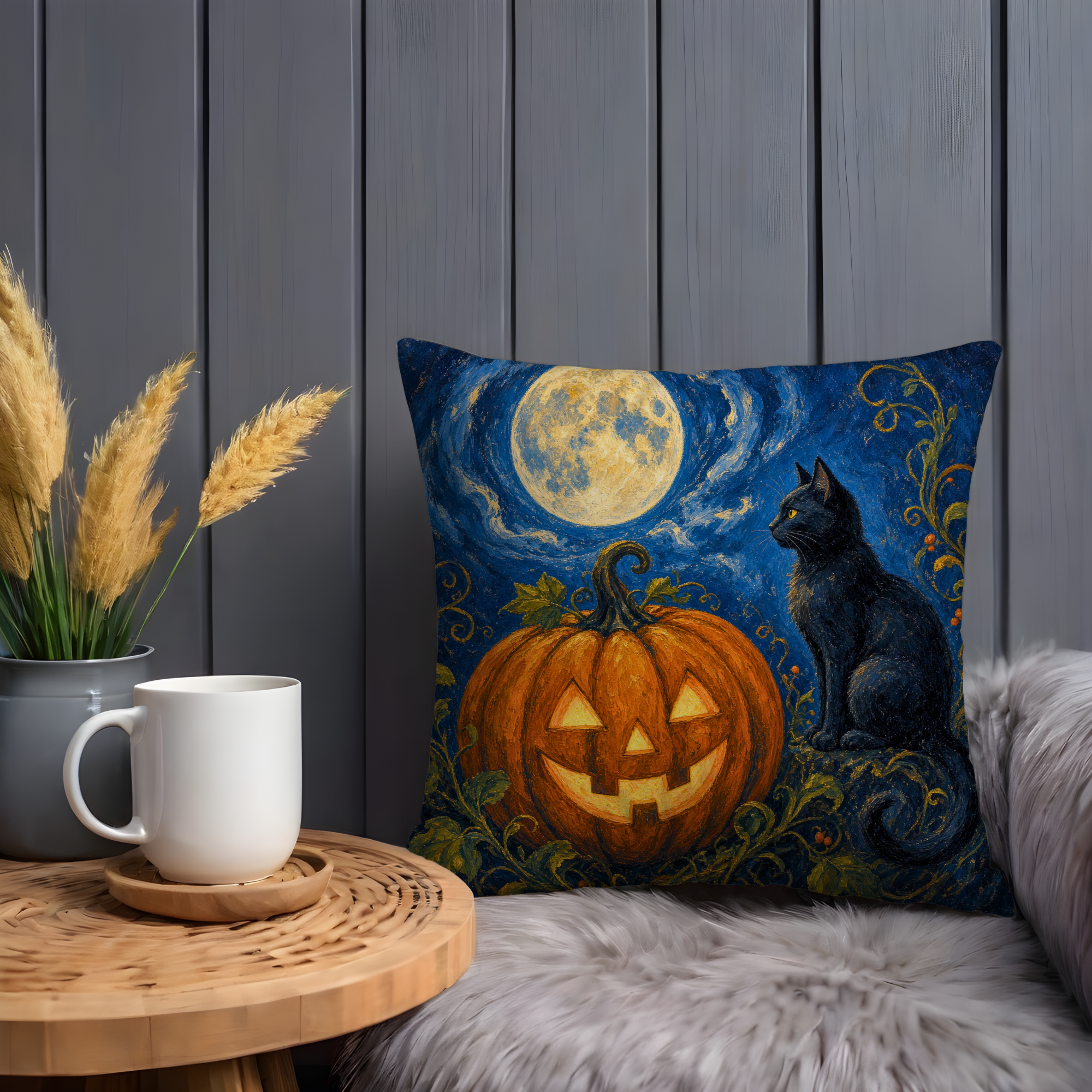 Black Cat Jack O Lantern Moon Pillow Cover | Classic Halloween Art | Spooky Night Decor