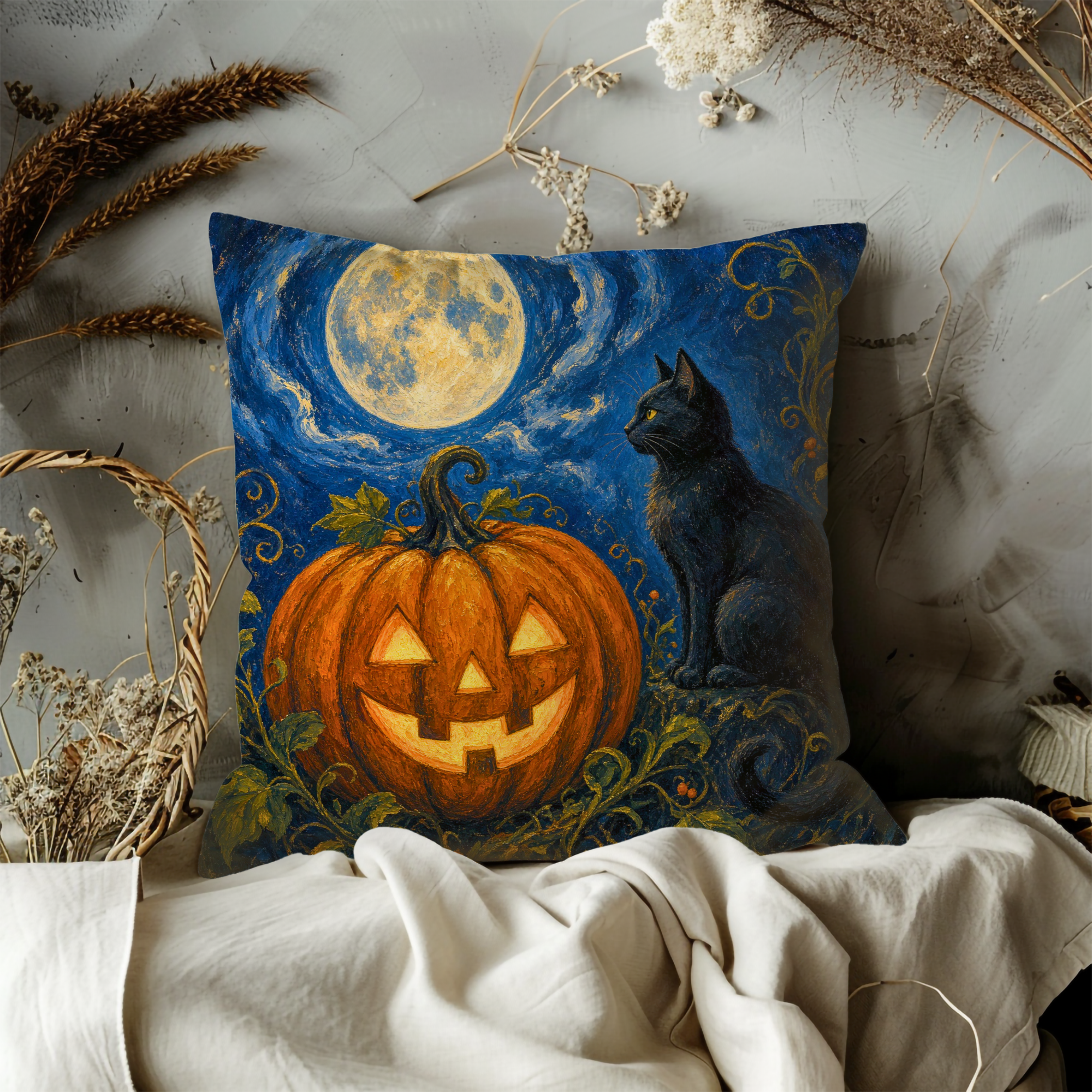 Black Cat Jack O Lantern Moon Pillow Cover | Classic Halloween Art | Spooky Night Decor