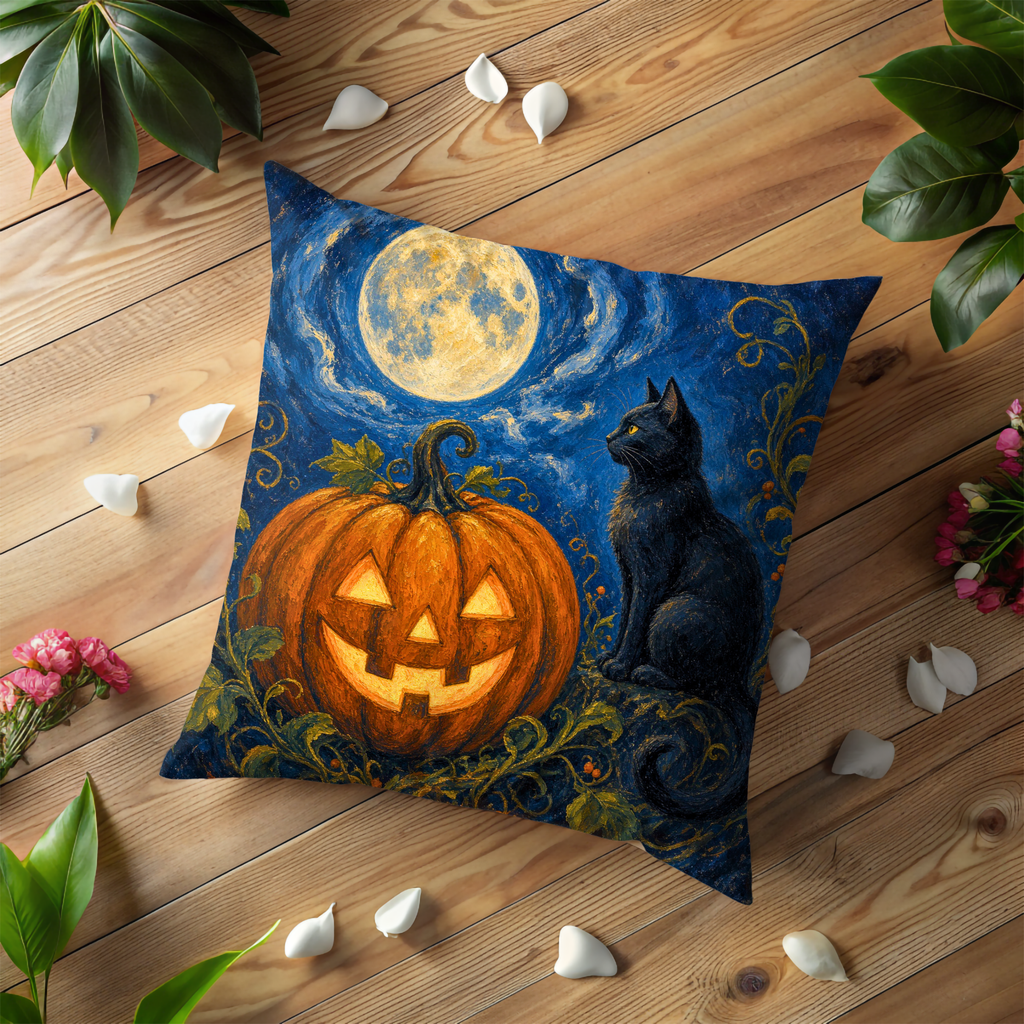 Black Cat Jack O Lantern Moon Pillow Cover | Classic Halloween Art | Spooky Night Decor