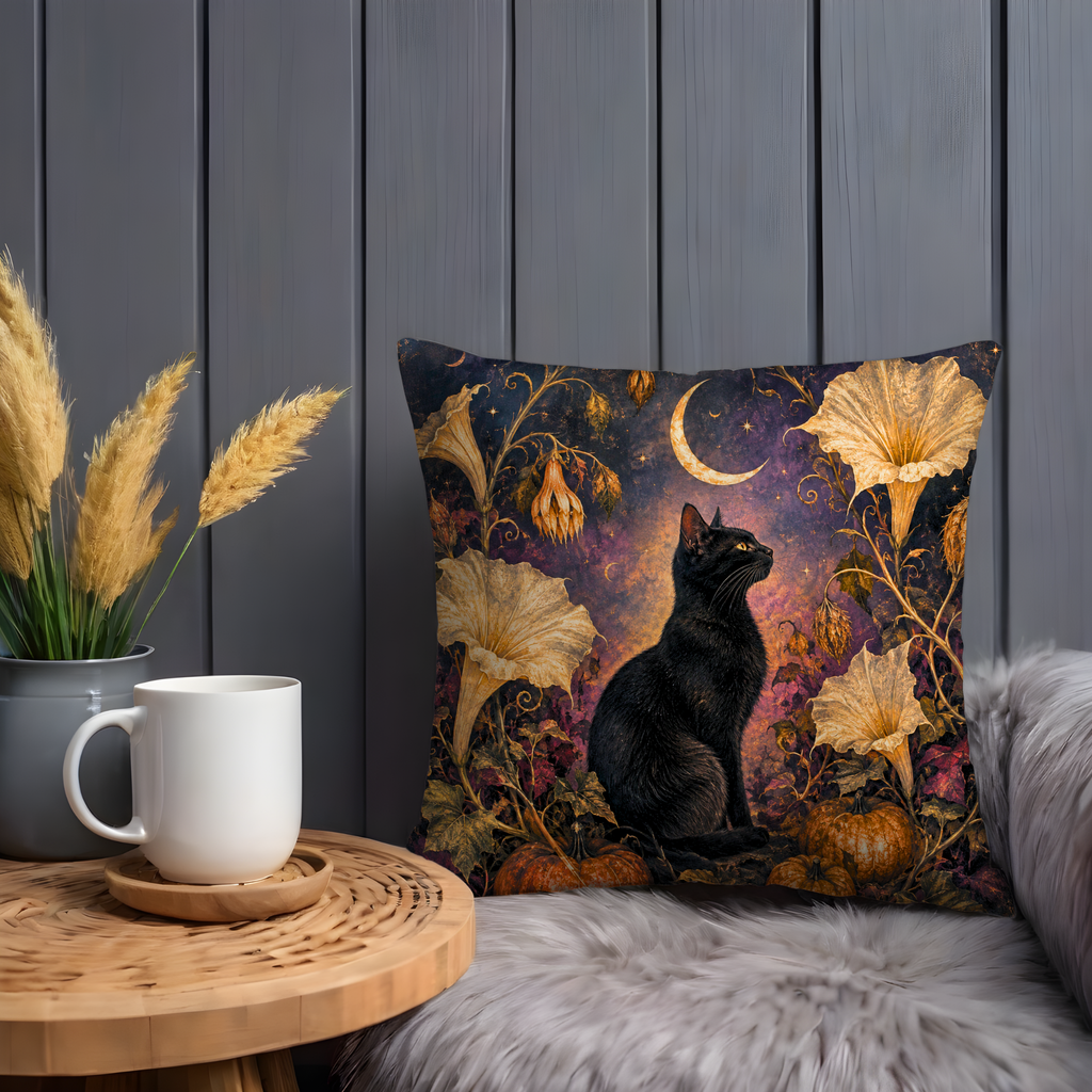 Black Cat Crescent Moon Flowers Pillow Cover | Mystical Halloween Art | Gothic Autumn Decor