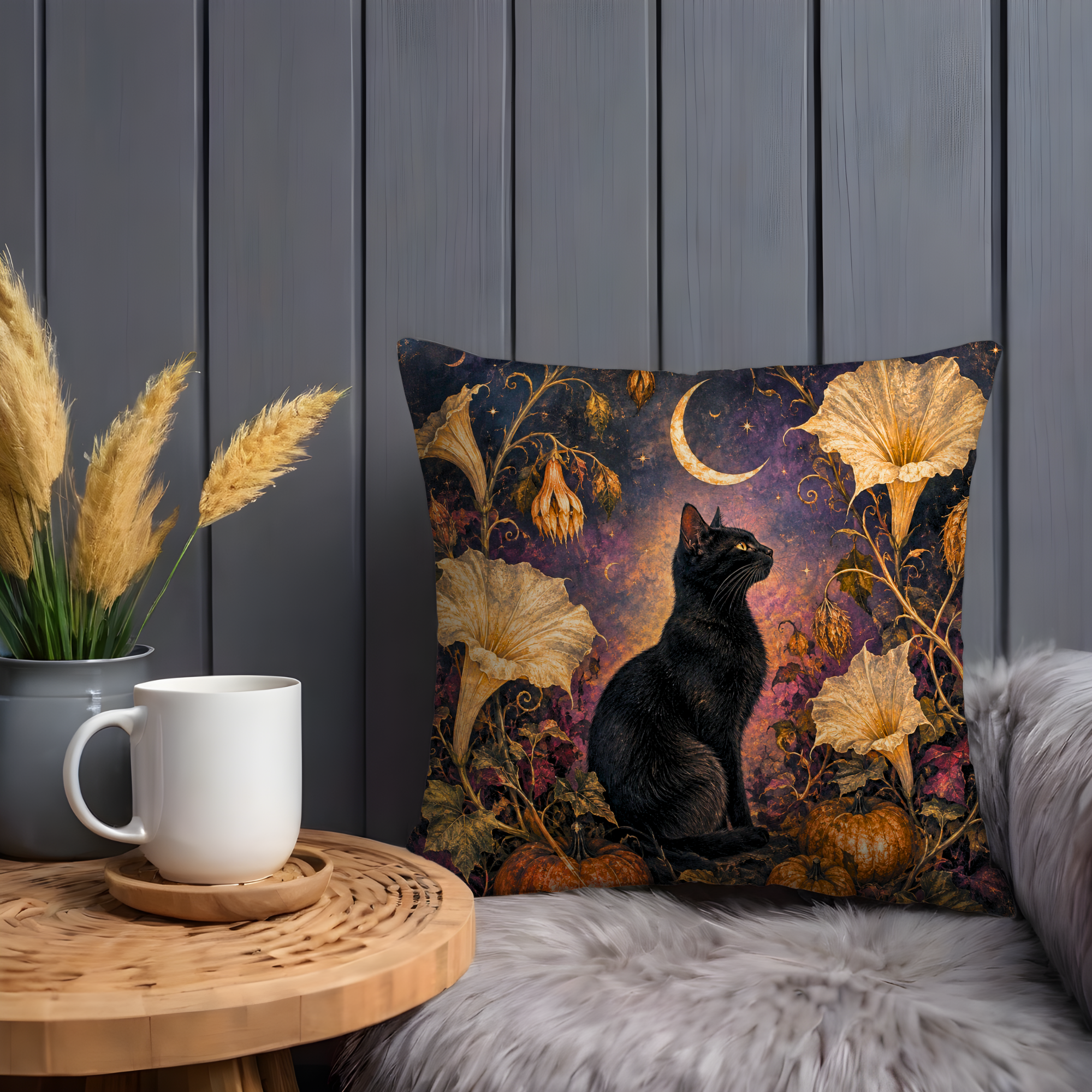 Black Cat Crescent Moon Flowers Pillow Cover | Mystical Halloween Art | Gothic Autumn Decor