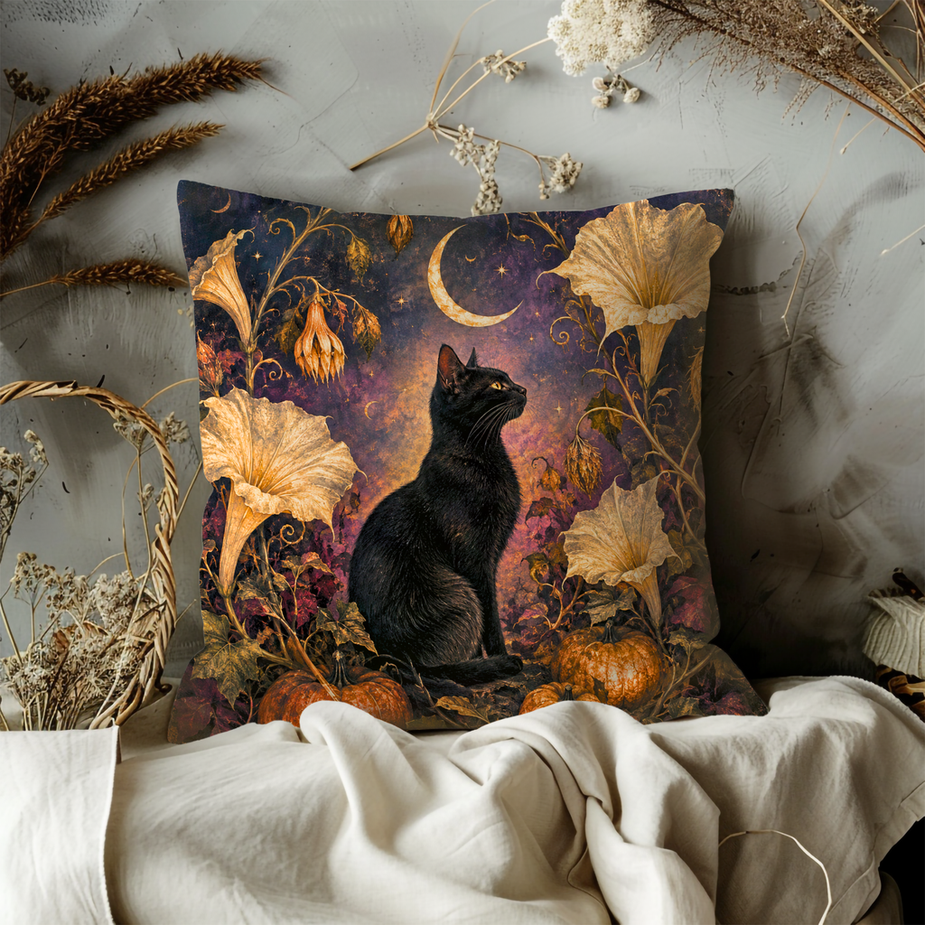 Black Cat Crescent Moon Flowers Pillow Cover | Mystical Halloween Art | Gothic Autumn Decor