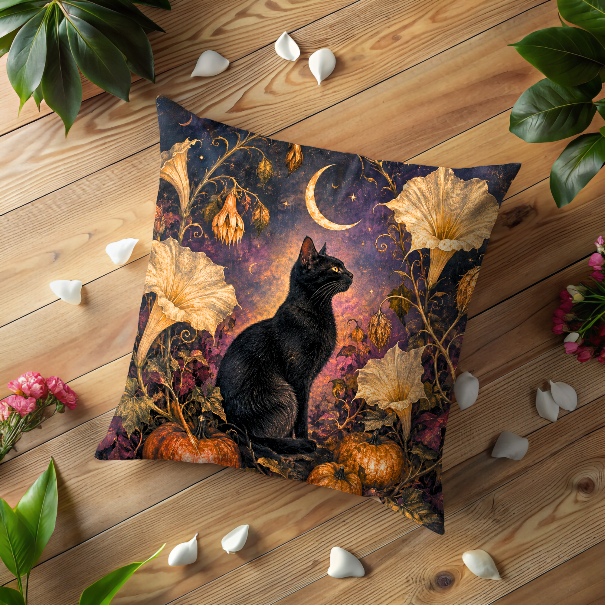 Black Cat Crescent Moon Flowers Pillow Cover | Mystical Halloween Art | Gothic Autumn Decor