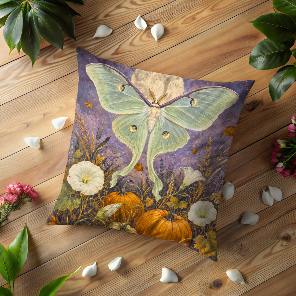 Luna Moth Full Moon Pumpkins Pillow Cover | Mystical Nature Art | Autumn Night Decor