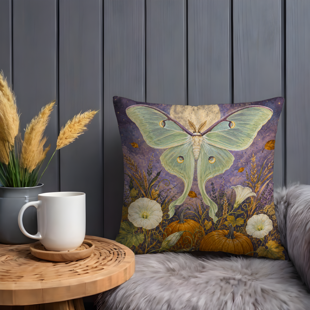 Luna Moth Full Moon Pumpkins Pillow Cover | Mystical Nature Art | Autumn Night Decor