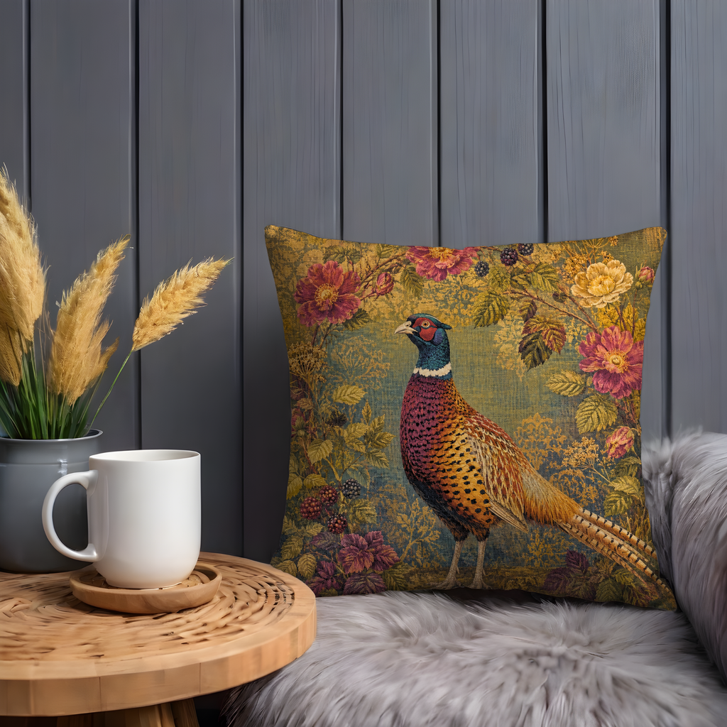 Ring-Necked Pheasant Wild Roses Pillow Cover | Classic Wildlife Art | Botanical Nature Decor