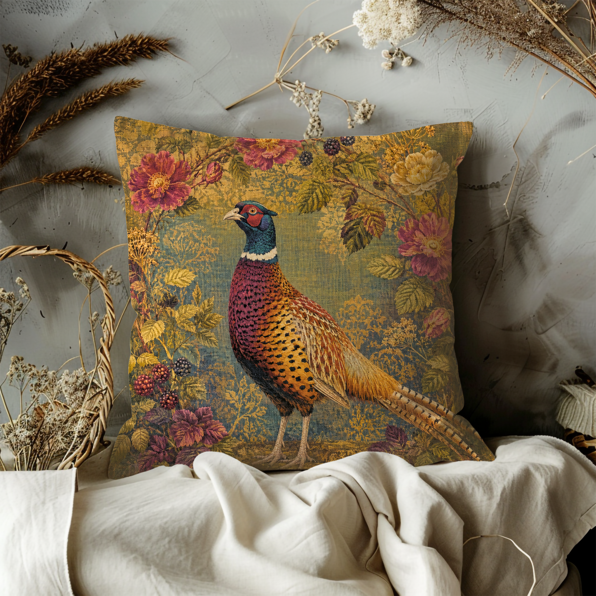 Ring-Necked Pheasant Wild Roses Pillow Cover | Classic Wildlife Art | Botanical Nature Decor