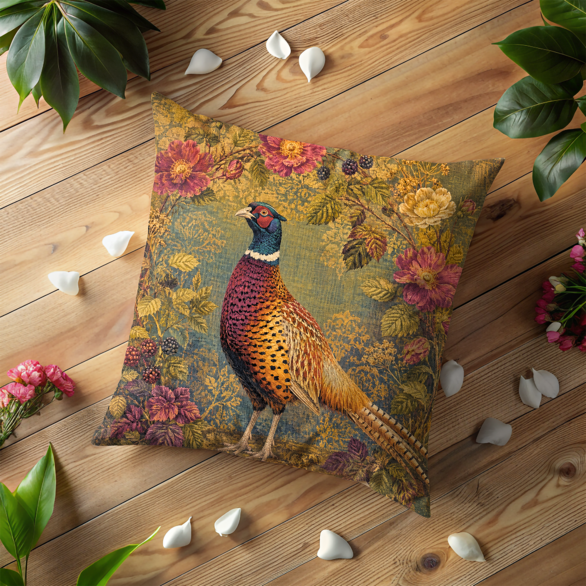 Ring-Necked Pheasant Wild Roses Pillow Cover | Classic Wildlife Art | Botanical Nature Decor