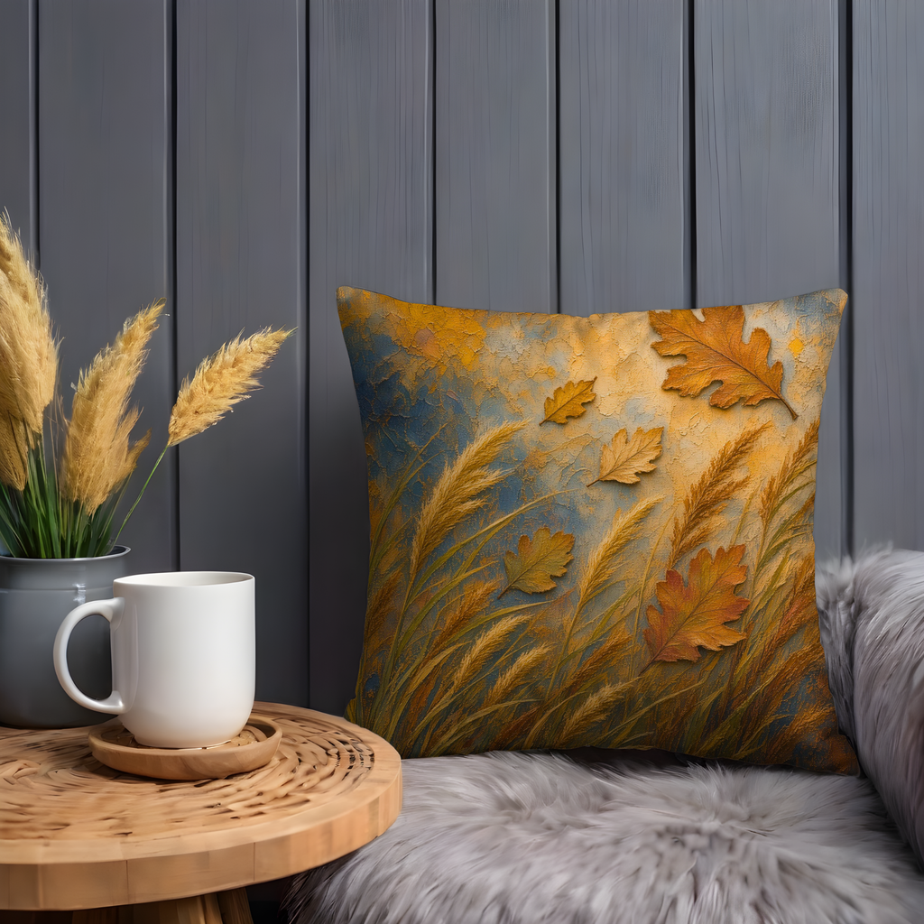Golden Wheat Falling Oak Leaves Pillow Cover | Soft Autumn Art | Warm Fall Landscape Decor