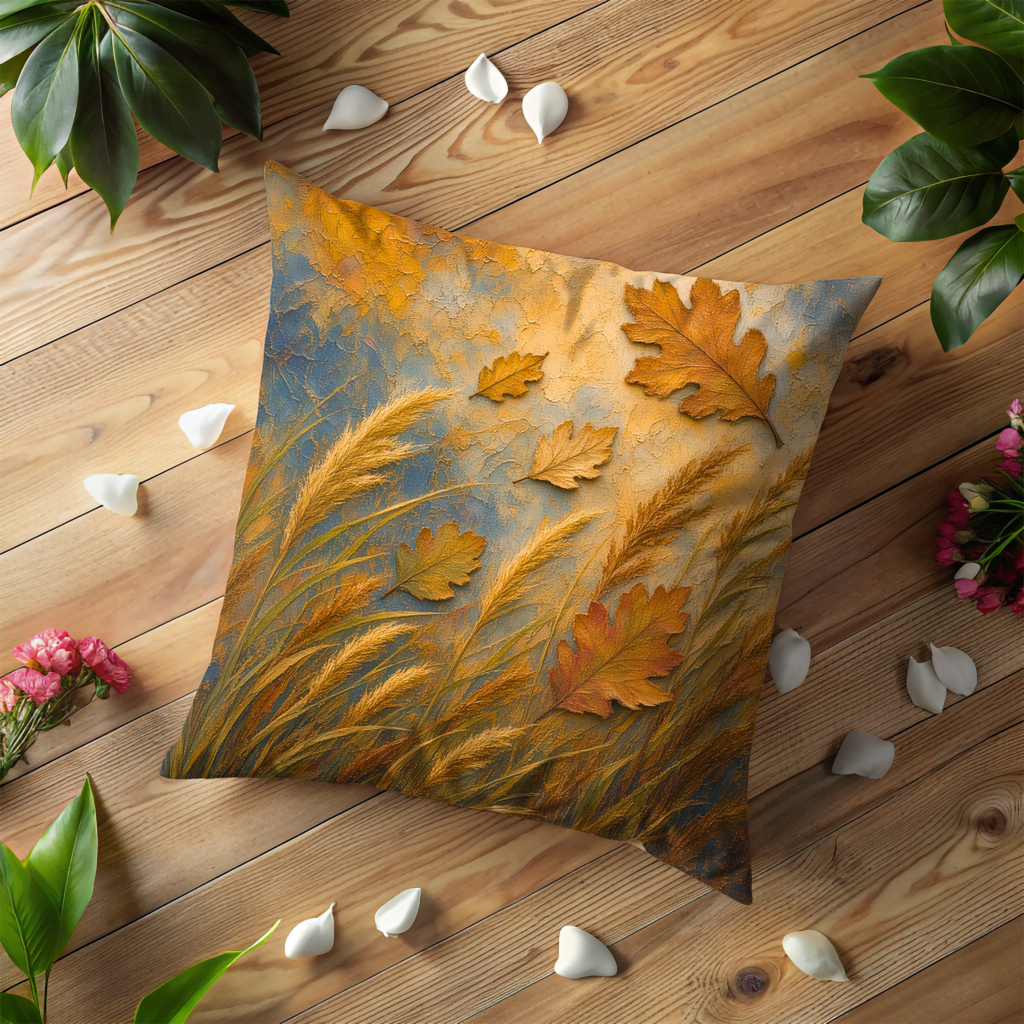 Golden Wheat Falling Oak Leaves Pillow Cover | Soft Autumn Art | Warm Fall Landscape Decor