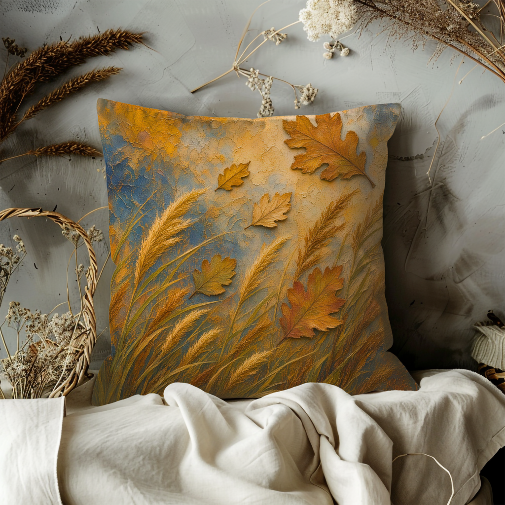 Golden Wheat Falling Oak Leaves Pillow Cover | Soft Autumn Art | Warm Fall Landscape Decor