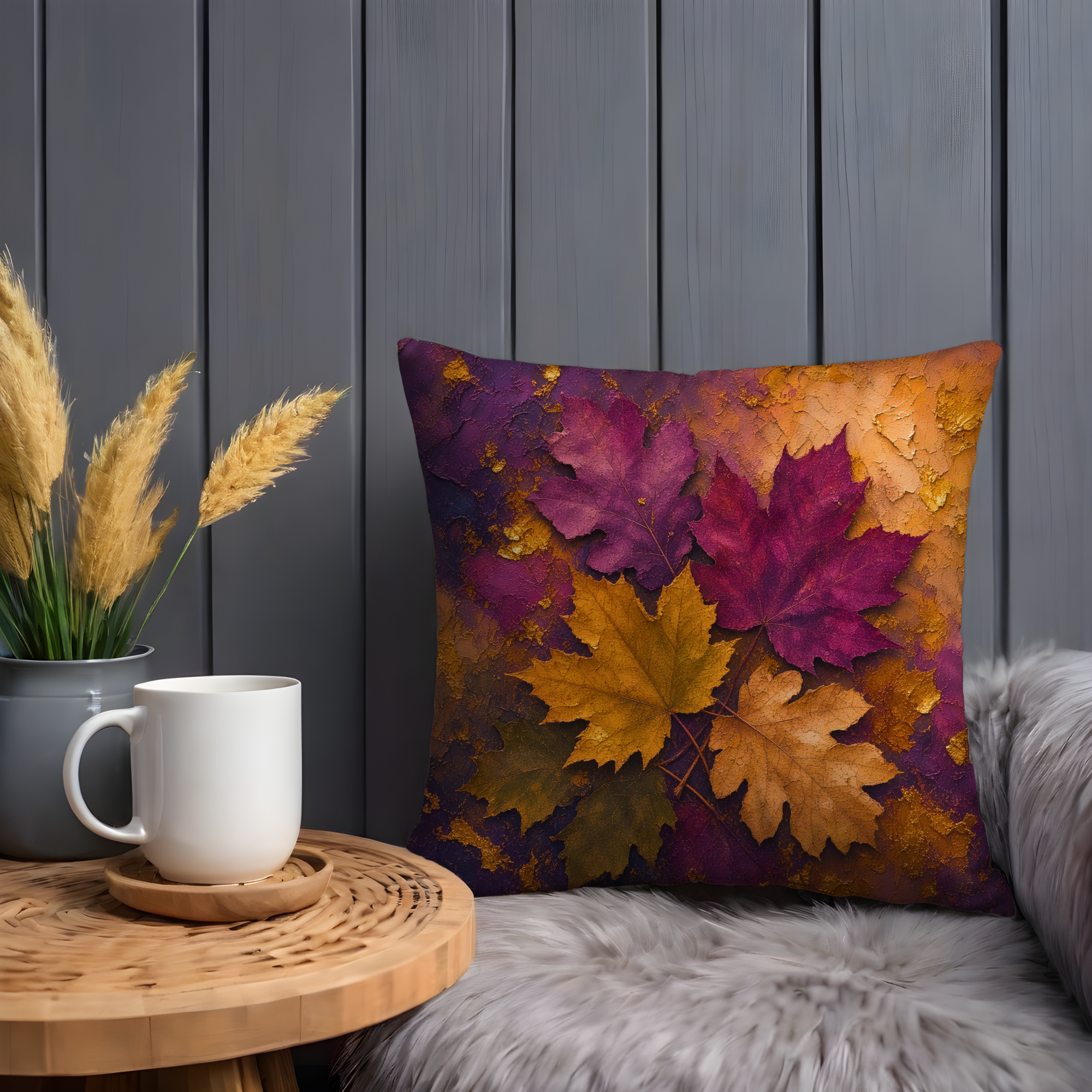 Purple Gold Maple Leaves Texture Pillow Cover | Rich Autumn Art | Vibrant Fall Decor