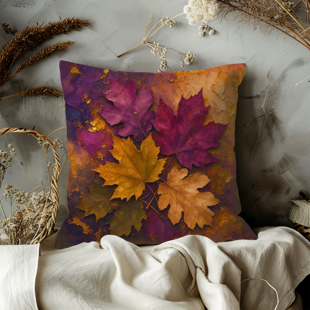 Purple Gold Maple Leaves Texture Pillow Cover | Rich Autumn Art | Vibrant Fall Decor