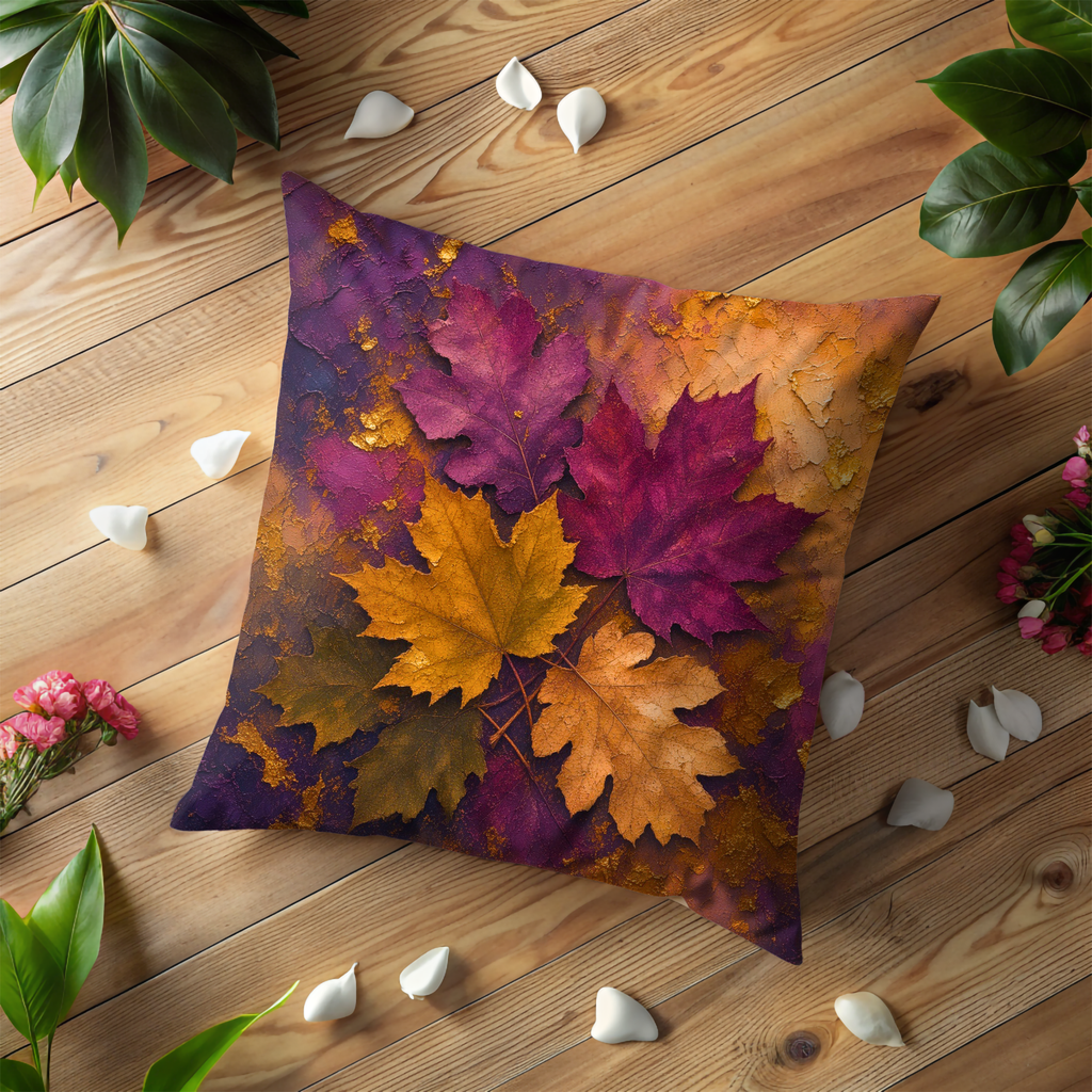 Purple Gold Maple Leaves Texture Pillow Cover | Rich Autumn Art | Vibrant Fall Decor