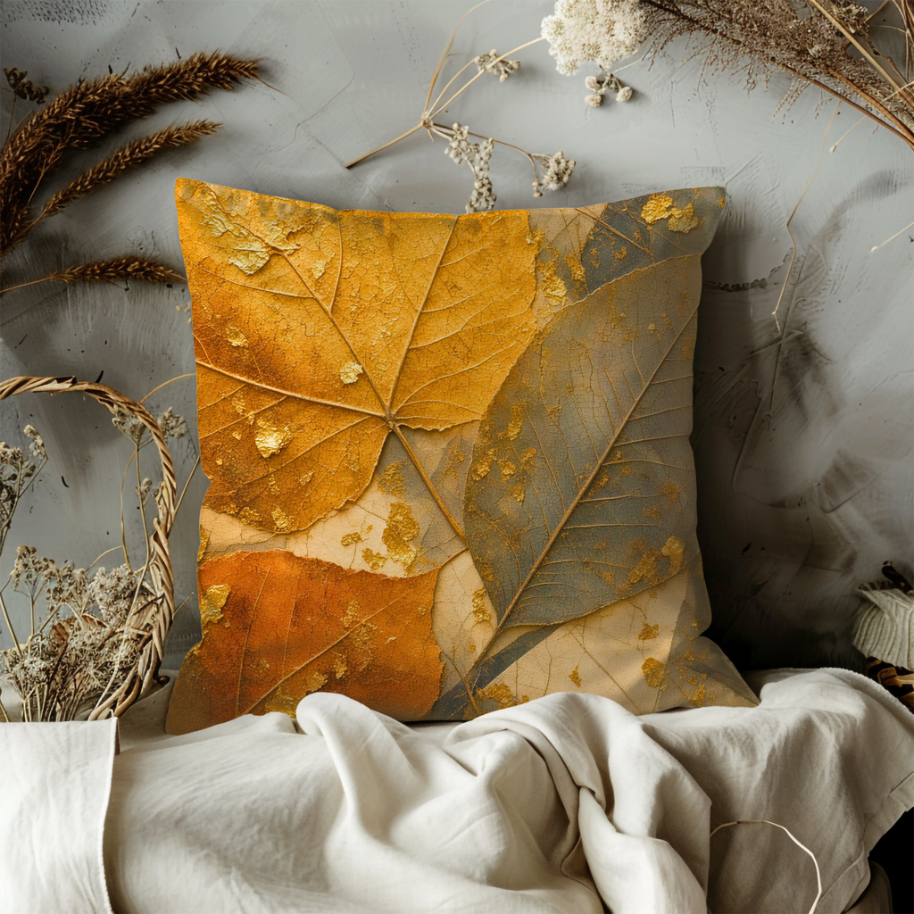 Golden Autumn Leaves Texture Pillow Cover | Soft Fall Art | Metallic Leaf Decor