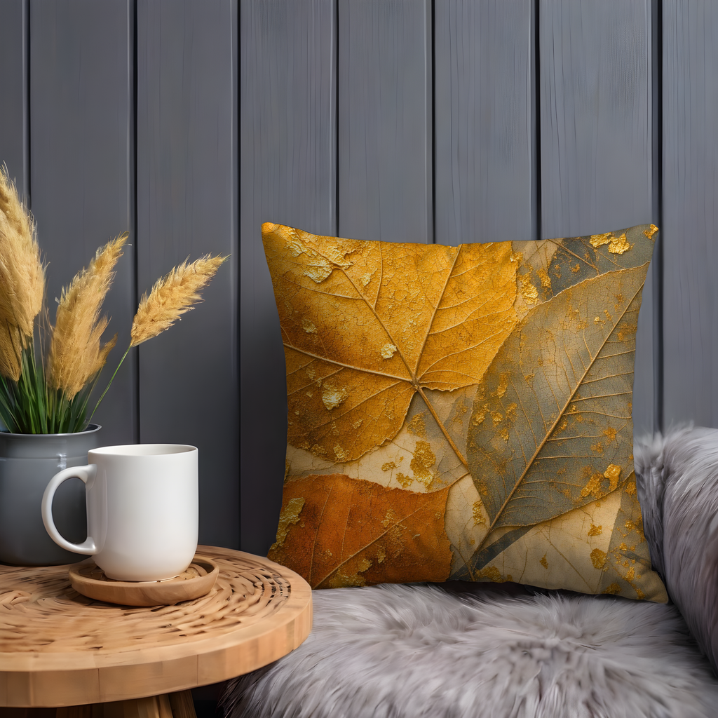 Golden Autumn Leaves Texture Pillow Cover | Soft Fall Art | Metallic Leaf Decor