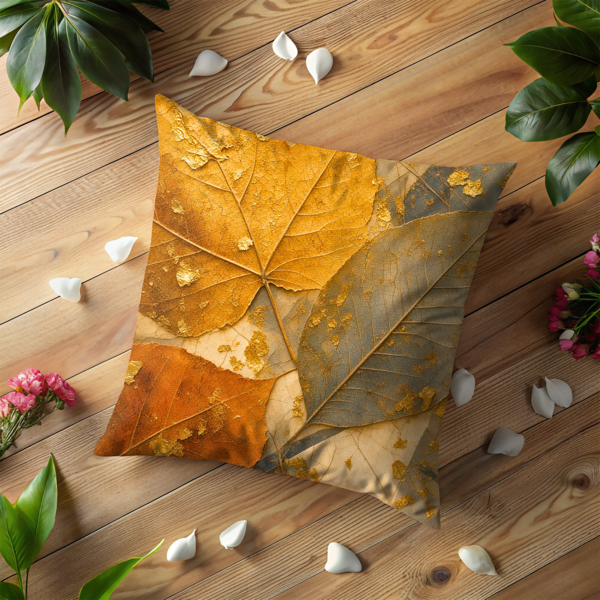 Golden Autumn Leaves Texture Pillow Cover | Soft Fall Art | Metallic Leaf Decor