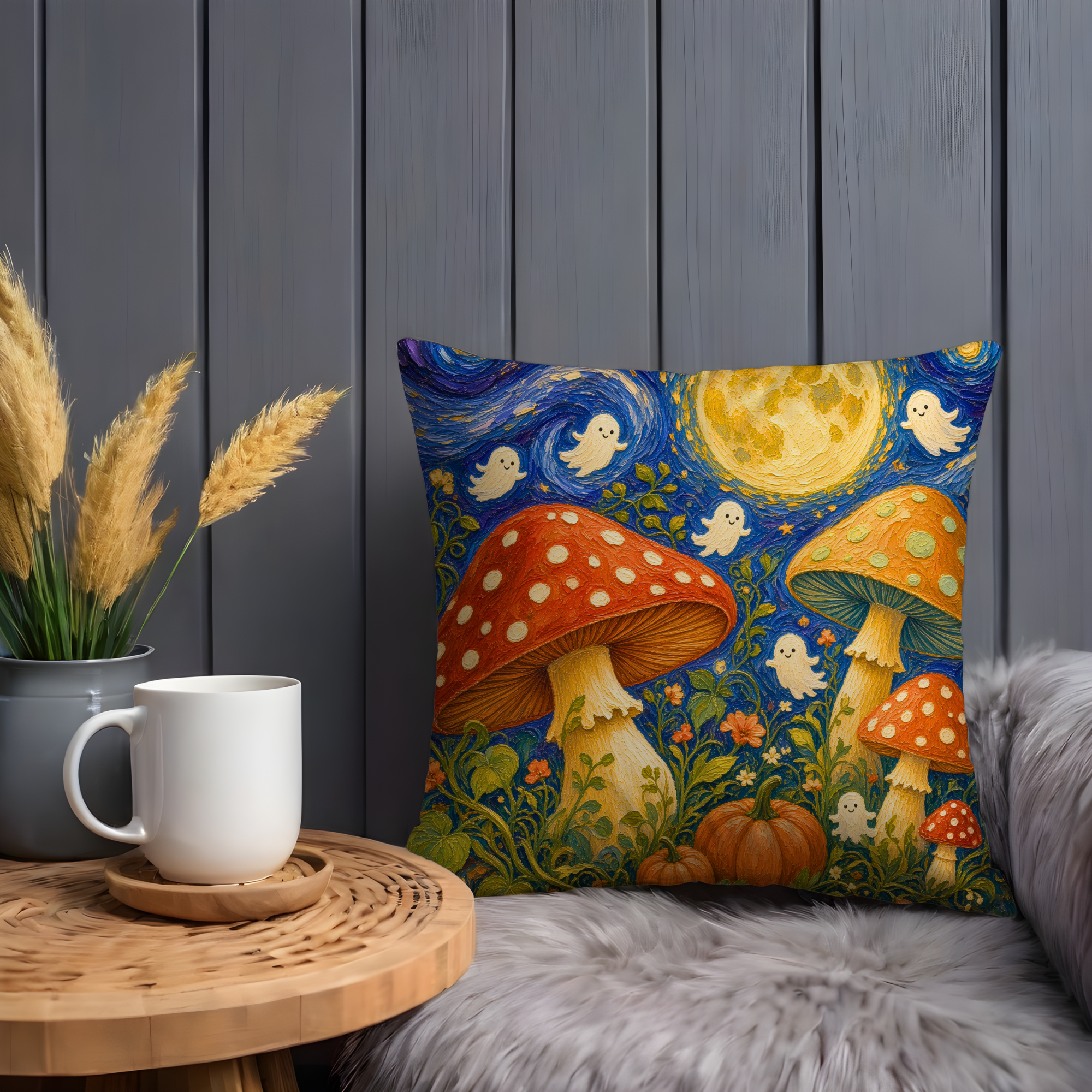 Cute Ghosts Mushrooms Moon Pillow Cover | Whimsical Halloween Art | Playful Night Decor