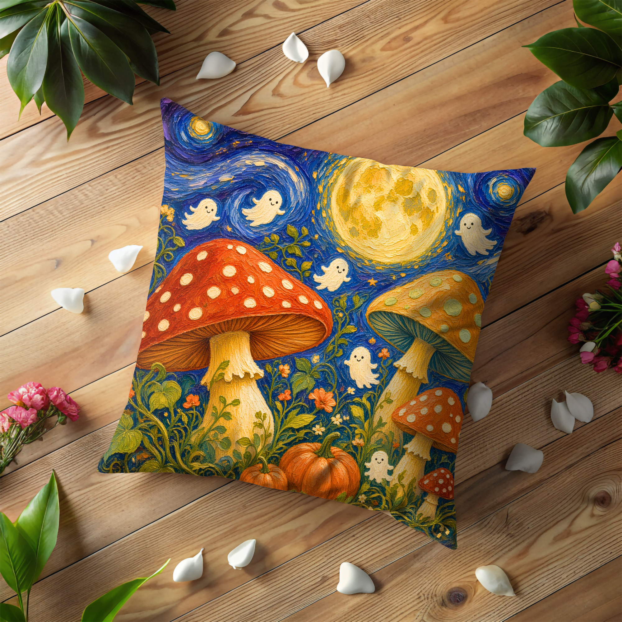 Cute Ghosts Mushrooms Moon Pillow Cover | Whimsical Halloween Art | Playful Night Decor