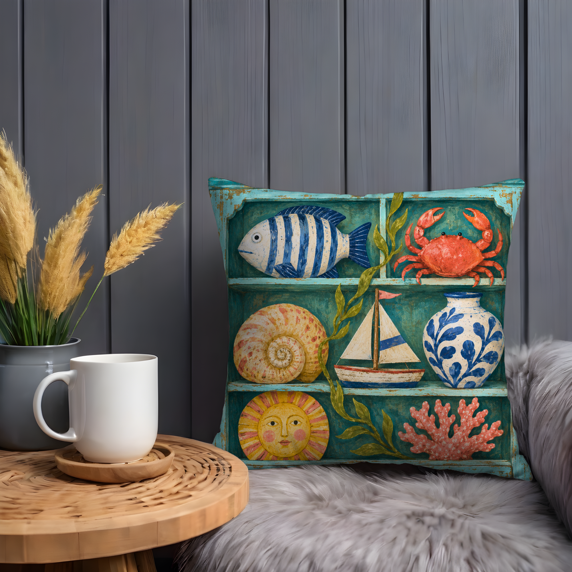 Coastal Shelf Pillow Cover | Textured Nautical Still Life Art