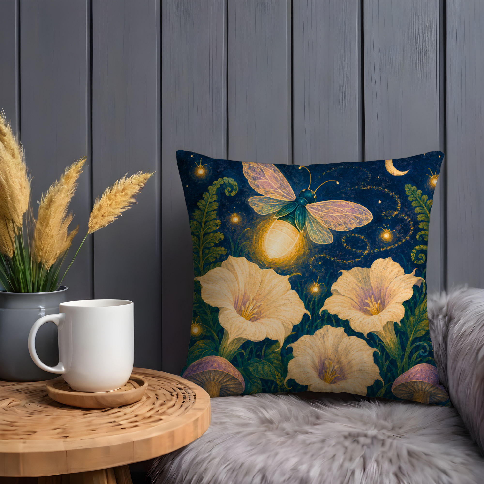 Firefly Moonlight Pillow Cover | Textured Botanical Art