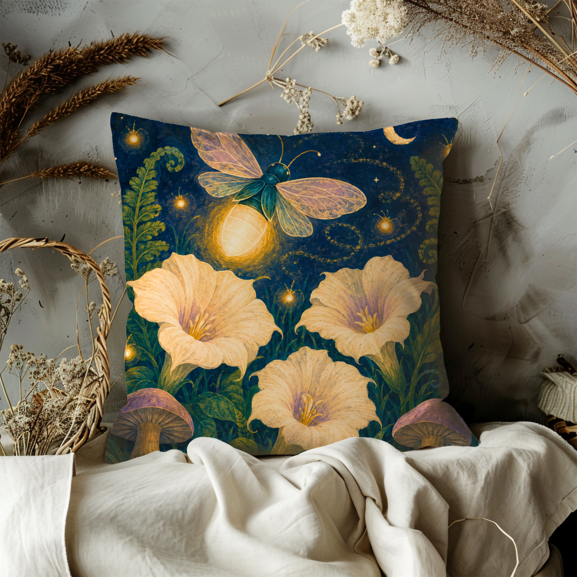 Firefly Moonlight Pillow Cover | Textured Botanical Art
