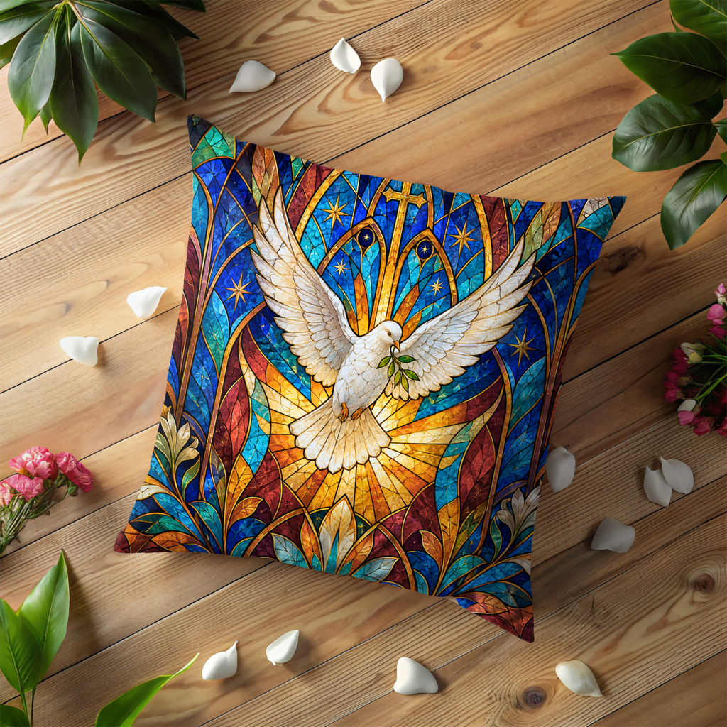 Stained Glass Dove Olive Branch Pillow Cover | Peace Symbol Art | Sacred Decor