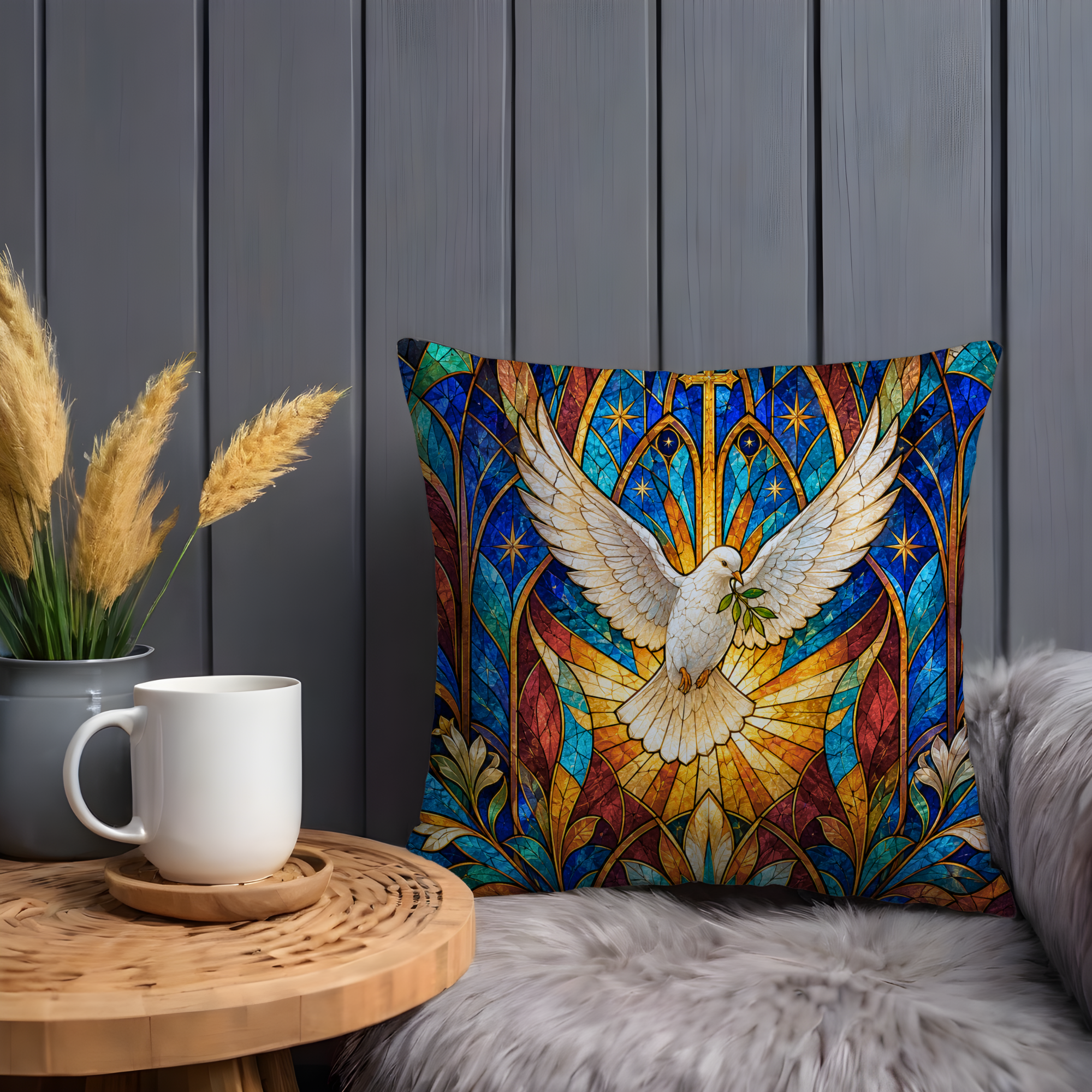 Stained Glass Dove Olive Branch Pillow Cover | Peace Symbol Art | Sacred Decor