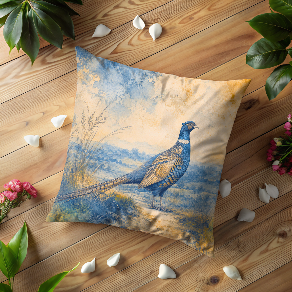 Blue Gold Pheasant Landscape Pillow Cover | Classic Wildlife Art | Soft Rural Decor