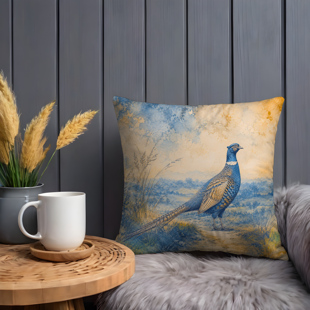 Blue Gold Pheasant Landscape Pillow Cover | Classic Wildlife Art | Soft Rural Decor