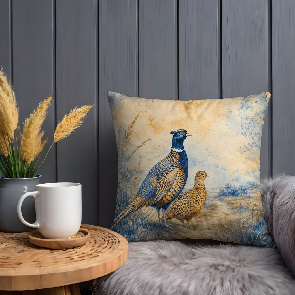 Pair of Pheasants Country Path Pillow Cover | Classic Wildlife Art | Soft Rural Decor