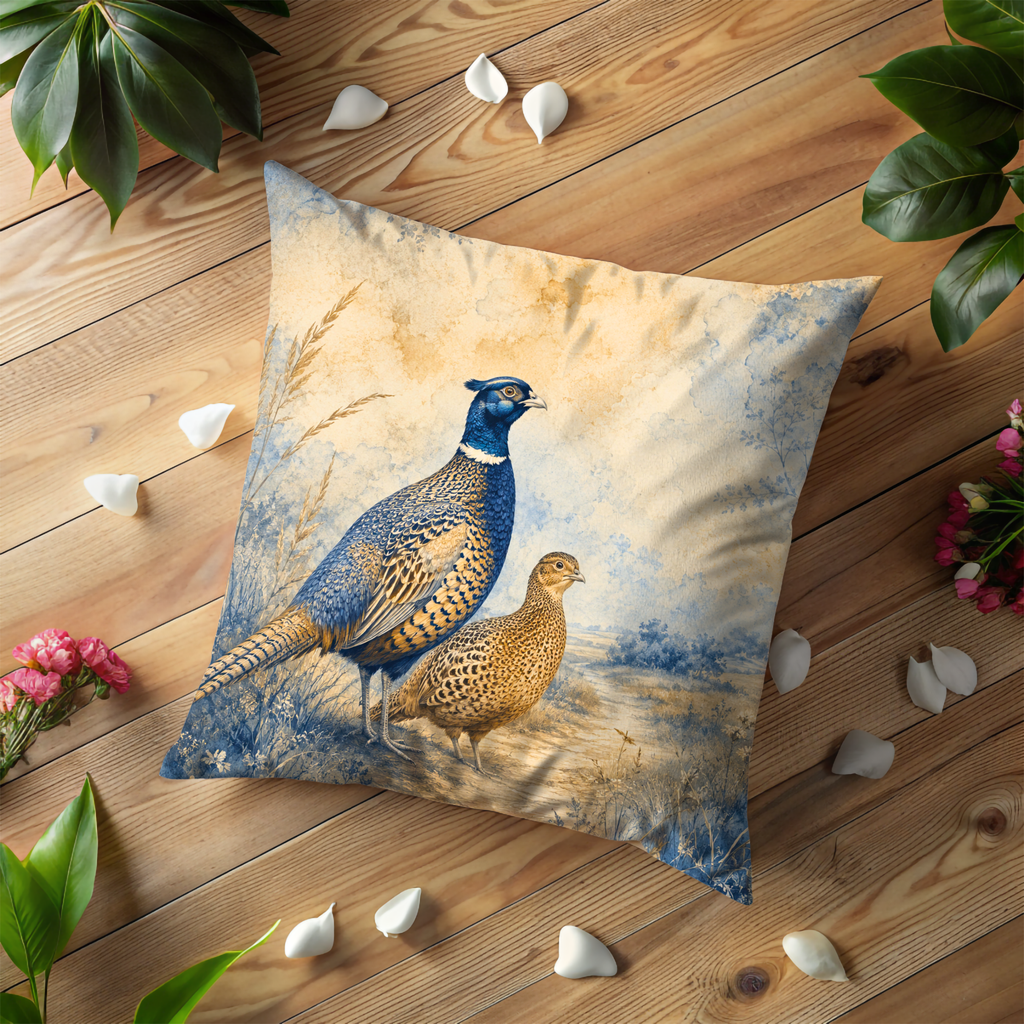 Pair of Pheasants Country Path Pillow Cover | Classic Wildlife Art | Soft Rural Decor