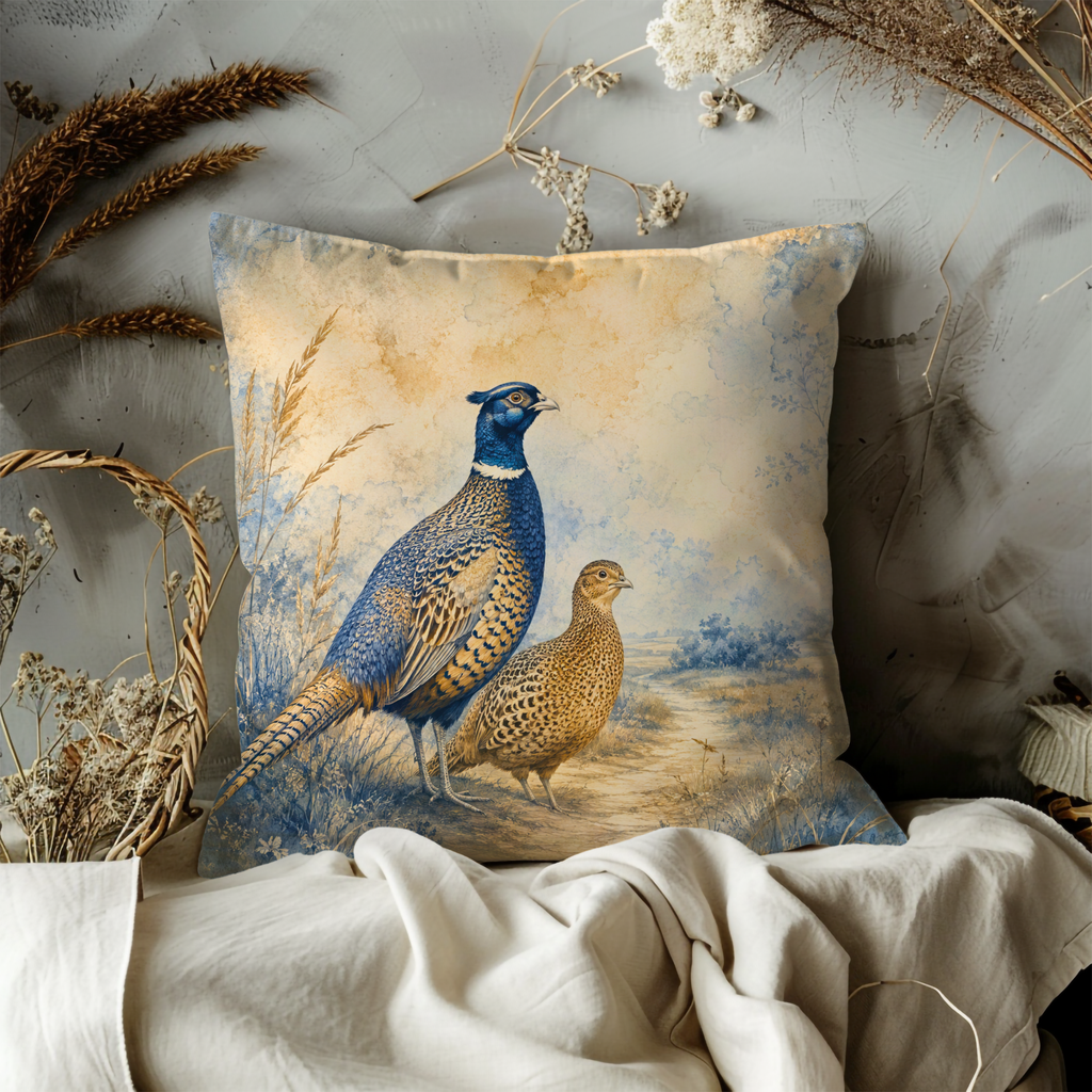 Pair of Pheasants Country Path Pillow Cover | Classic Wildlife Art | Soft Rural Decor