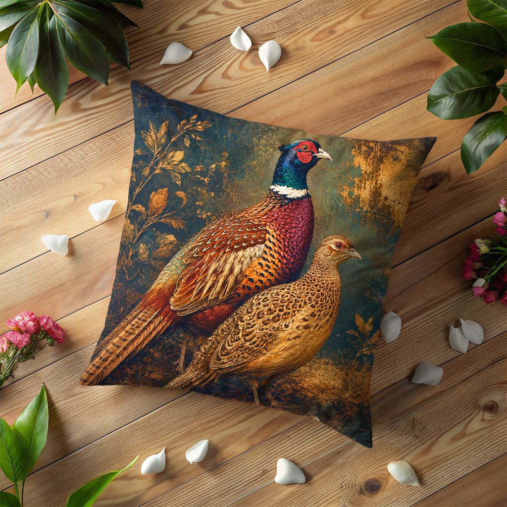 Pair of Pheasants Classic Portrait Pillow Cover | Wildlife Art | Rich Botanical Decor